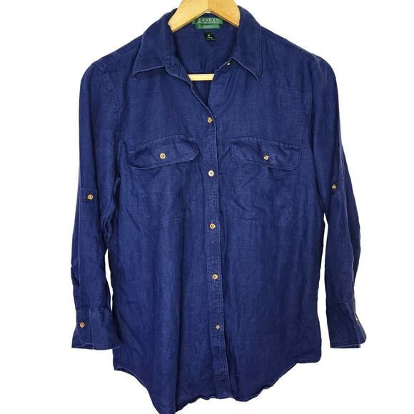 Ralph Lauren Men's Classic Blue Linen Collared Shirt, Medium - Picture 1 of 8